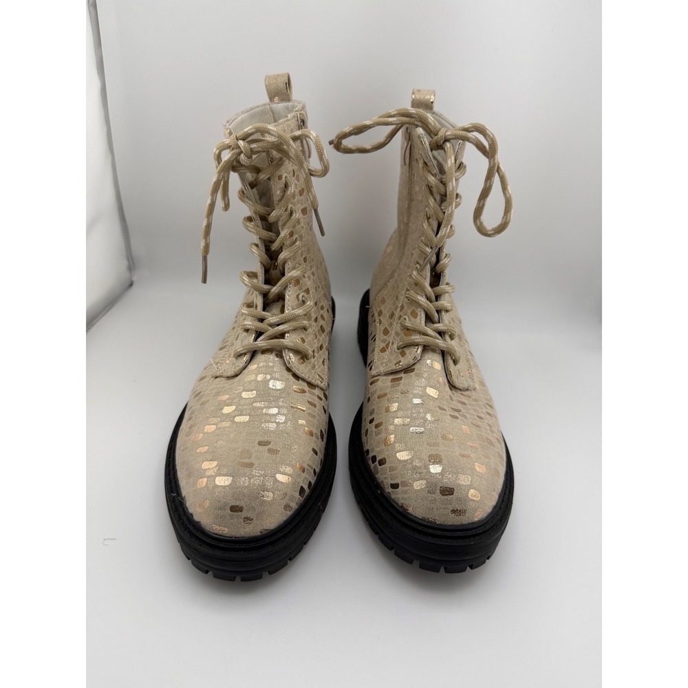 Tinstree‎ Womens Beige Gold Metallic Foil Lace Up Side Zip Combat Lug Boots 10